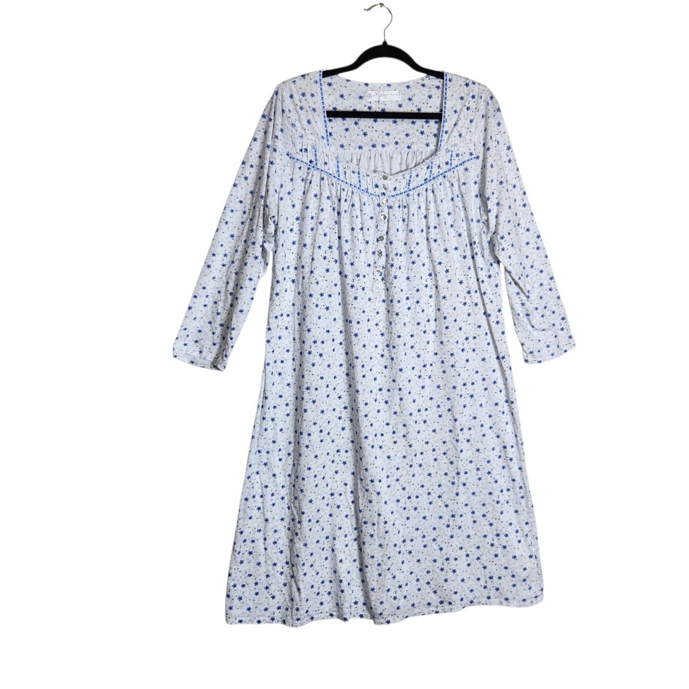 Eileen West Blue Floral Square Neck Long Sleeve Nightgown M White Ribbon Lace